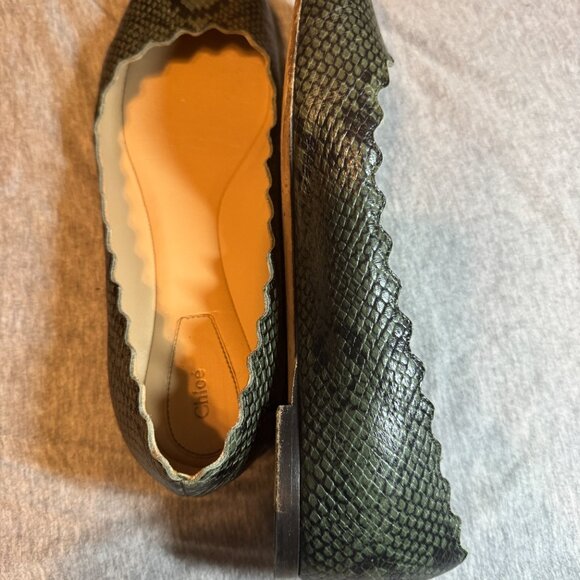 Chloe Green/Glack Python Embossed Leather Lauren Scallop Ballet Flats - Picture 10 of 11